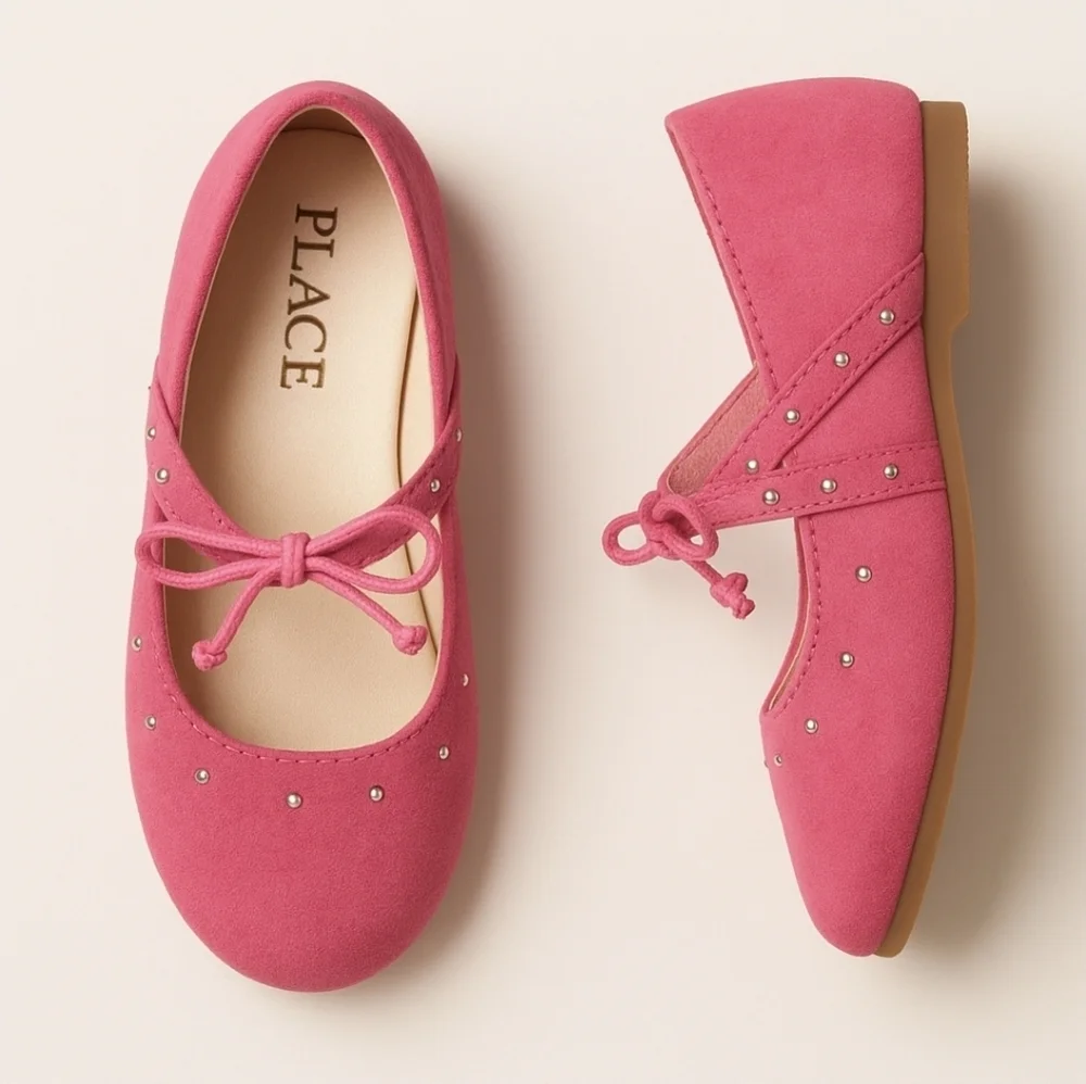 Fabkids ✦ Pink Suede Studded Bow Ballet Flats ✦ Elastic Strap Baby 6–12M NWT